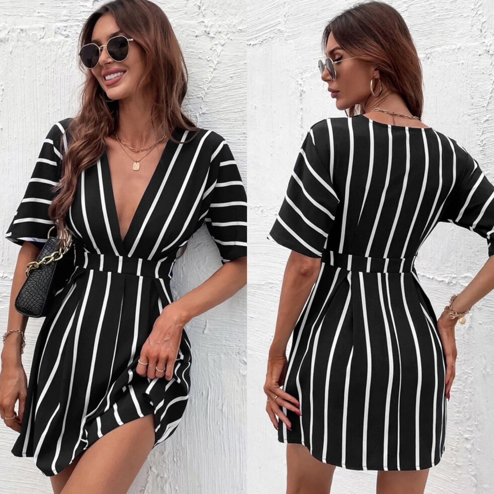 Striped deep v neck half short sleeve dress preppy navy blue white - Picture 3 of 3